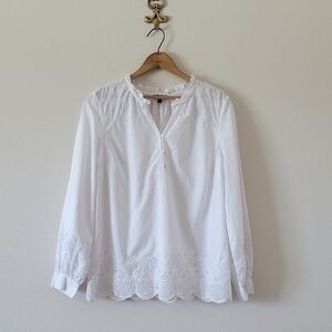 Talbots White Embroidered Eyelet Trim Popover Henley Blouse Size Large